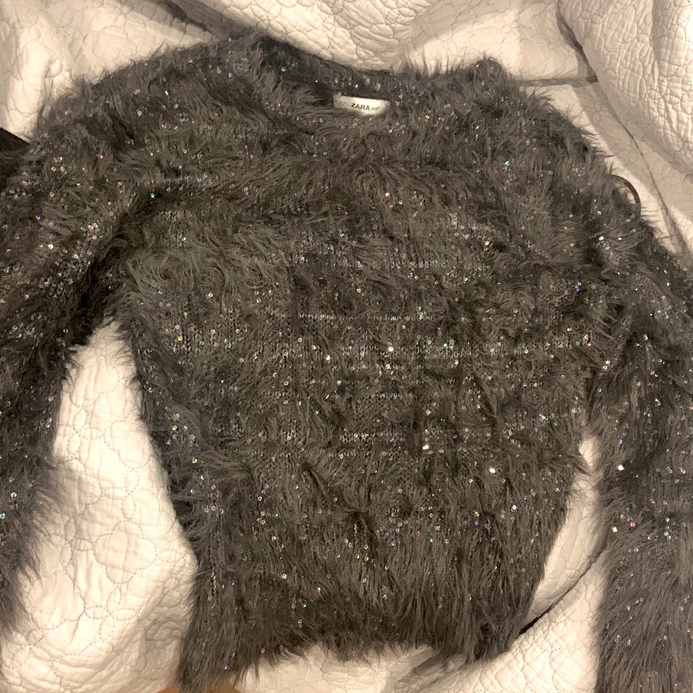 Zara KNIT size small grey fuzzy sweater with sequins throughout. Like new!